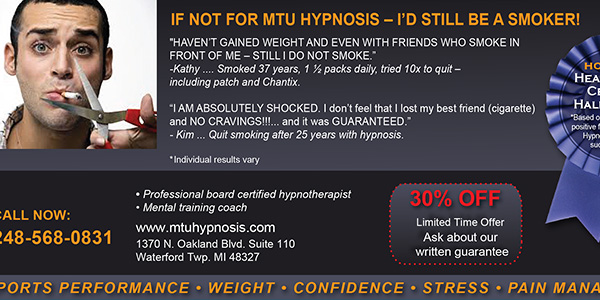 MTU Hypnosis stop smoking coupon with client testimonials and 30% off limited-time offer