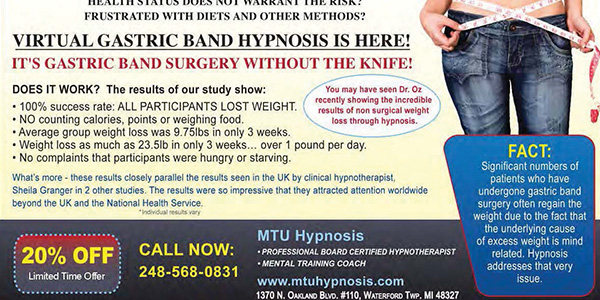 MTU Hypnosis Virtual Gastric Band weight loss coupon with 20% off limited-time offer